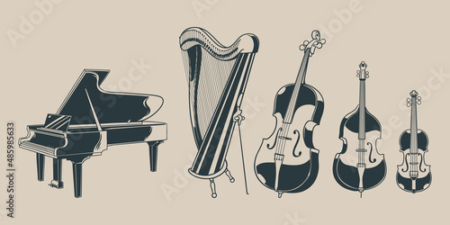 Seamless pattern with hand drawn doodle Musical Instruments. A collection of types of classical musical instruments in an orchestra. Vector illustration.