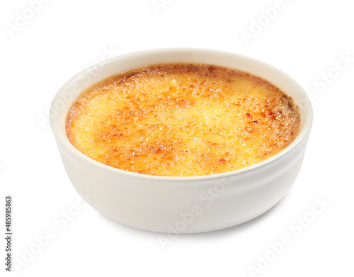 Delicious creme brulee in ceramic ramekin isolated on white