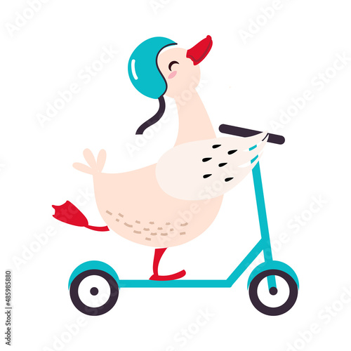 Cute Duck Character in Helmet Riding Kick Scooter Vector Illustration