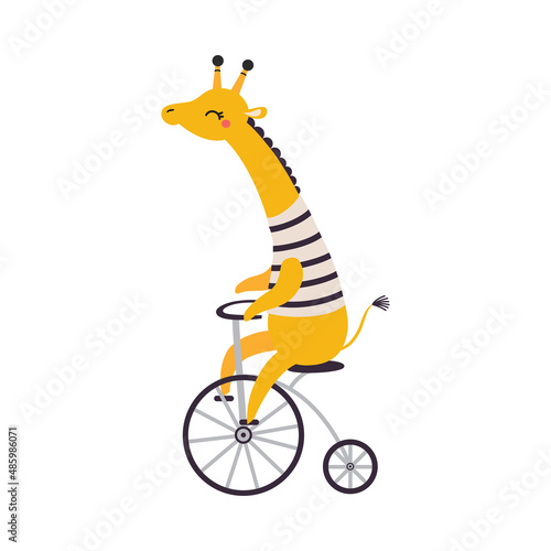 Cute Giraffe in Striped Vest Biking or Cycling Riding Bicycle Vector Illustration
