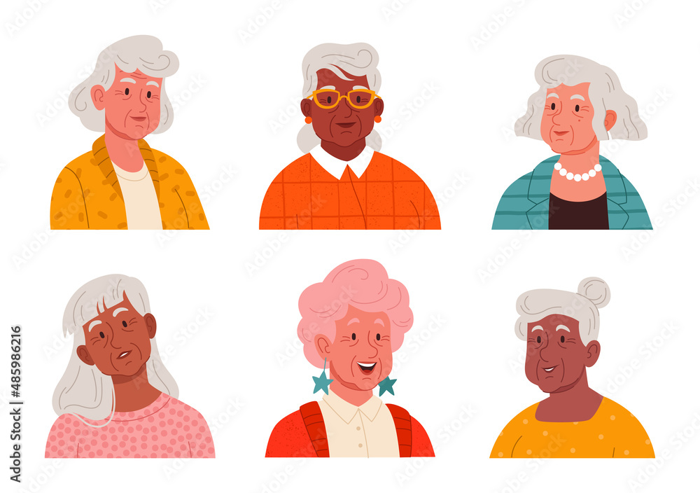 Set of portraits of charismatic old women in stylish vintage outfits, jewelry or glasses and retro hairstyles. Cute grandmothers dress fashionably and wear accessories, posing for a photo