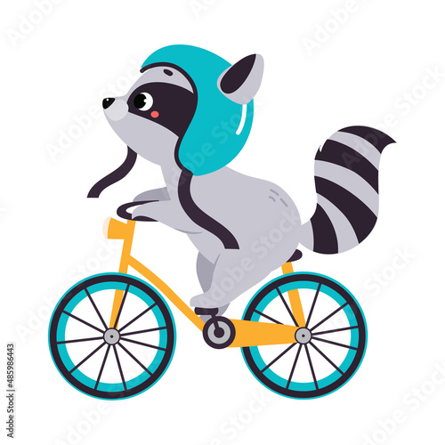 Cute Raccoon in Helmet Biking or Cycling Riding Bicycle Vector Illustration