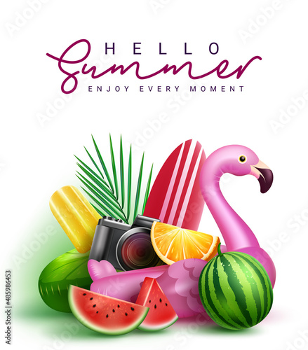 Summer greeting vector design. Hello summer typography text with tropical holiday elements of fruits and floaters in white background for holiday vacation messages card. Vector illustration.
