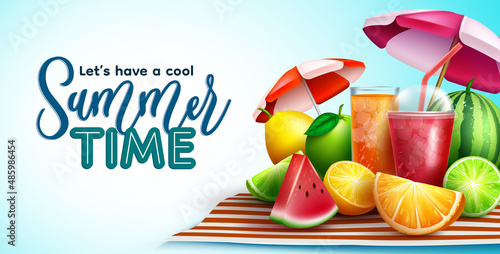 Summer time vector design. Summer time typography text with fruits and ice juice coolers in picnic background for cool and relax tropical season vacation refreshment. Vector illustration.
