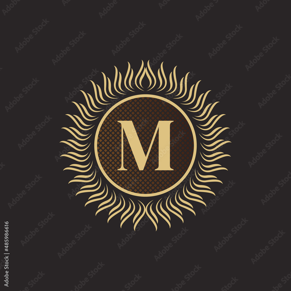 Fototapeta premium Emblem Letter M Gold Monogram Design. Luxury Volumetric Logo Template. 3D Line Ornament for Business Sign, Badge, Crest, Label, Boutique Brand, Hotel, Restaurant, Heraldic. Vector Illustration