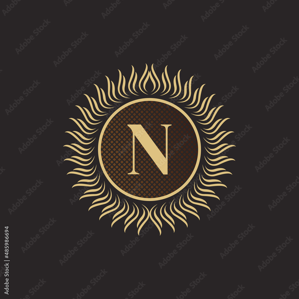 Fototapeta premium Emblem Letter N Gold Monogram Design. Luxury Volumetric Logo Template. 3D Line Ornament for Business Sign, Badge, Crest, Label, Boutique Brand, Hotel, Restaurant, Heraldic. Vector Illustration