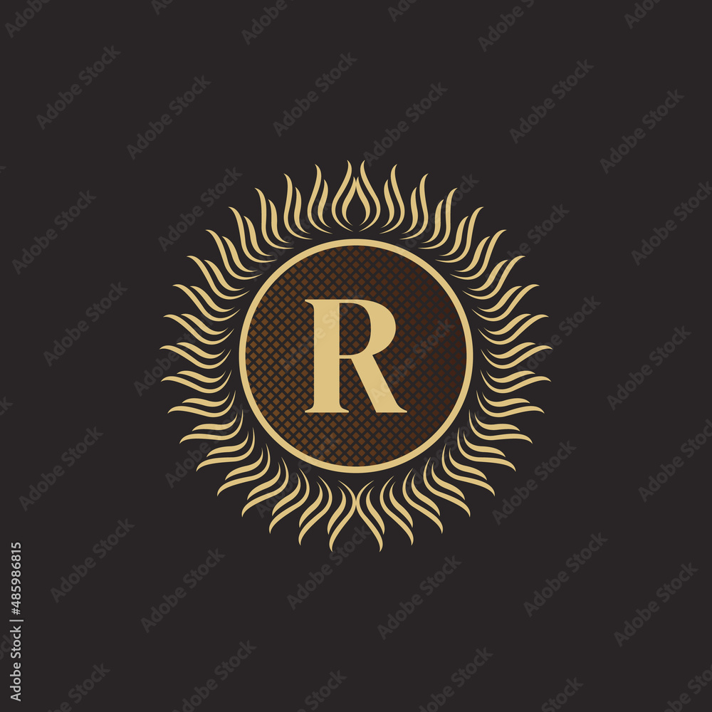 Emblem Letter R Gold Monogram Design. Luxury Volumetric Logo Template. 3D Line Ornament for Business Sign, Badge, Crest, Label, Boutique Brand, Hotel, Restaurant, Heraldic. Vector Illustration