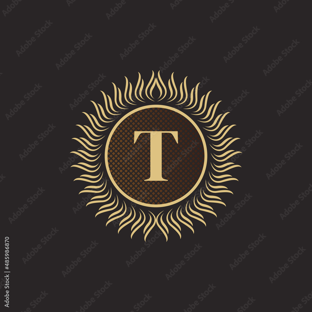 Naklejka premium Emblem Letter T Gold Monogram Design. Luxury Volumetric Logo Template. 3D Line Ornament for Business Sign, Badge, Crest, Label, Boutique Brand, Hotel, Restaurant, Heraldic. Vector Illustration