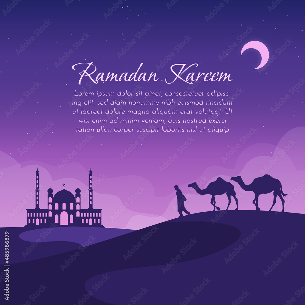 Flat Ramadan Background with silhouette desert and mosque landscape Flat Ramadan Background with silhouette desert and mosque landscape