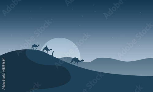 Flat silhouette desert with camels landscape for islamic event background