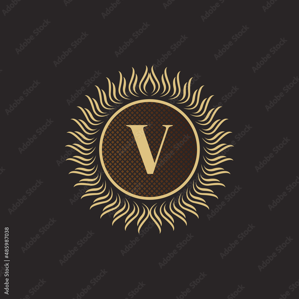 Fototapeta premium Emblem Letter V Gold Monogram Design. Luxury Volumetric Logo Template. 3D Line Ornament for Business Sign, Badge, Crest, Label, Boutique Brand, Hotel, Restaurant, Heraldic. Vector Illustration