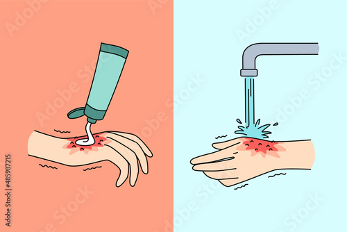 Hygiene and cleaning hands concept. Human hand applying cream and washing with water from tap cleaning saving everyday hygiene and curing injury vector illustration 