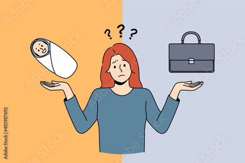 Choosing between career and parenthood concept. Young frustrated woman standing and trying to choose between giving birth and having great career vector illustration 