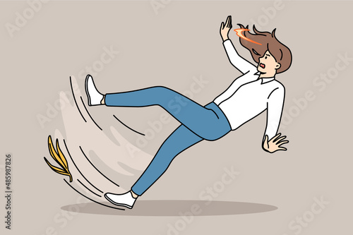 Accident and slippery floor concept. Frustrated stressed woman falling down with banana shelf at her foot suddenly falling vector illustration 