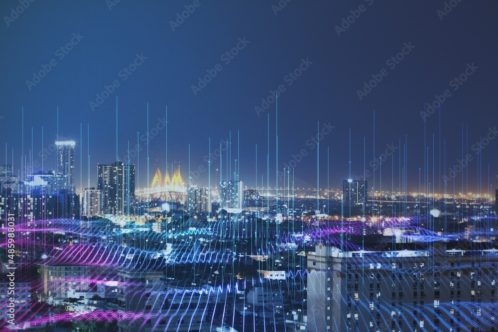 Smart city and big data technology concept background with night megapolis city and illuminated by high-speed lines going up - obrazy, fototapety, plakaty 