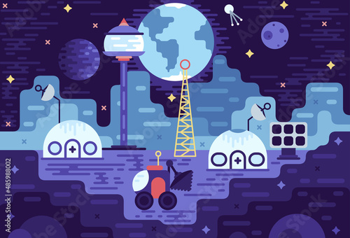 Landscape of moon surface with colony base. Galaxy exploration and colonization. Vector illustration in cartoon stile