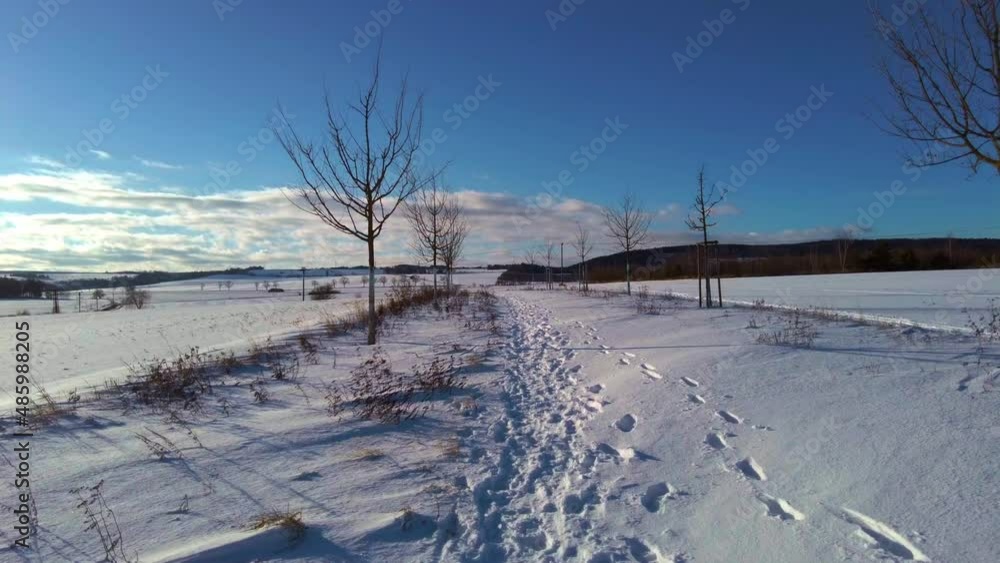 Walking through a snowy alley in winter on a sunny day - view from the first person Walking through a snowy alley in winter on a sunny day - view from the first person