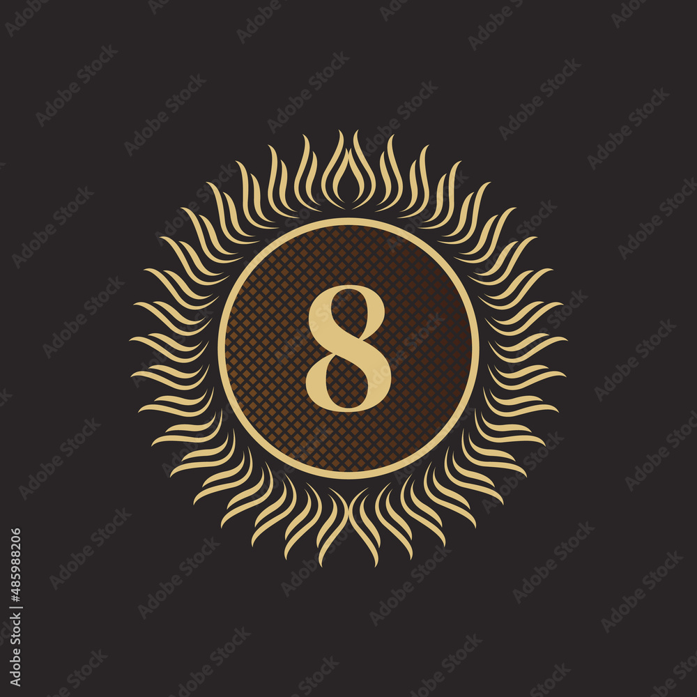 Fototapeta premium Emblem Number 8 Gold Monogram Design. Luxury Volumetric Logo Template. 3D Line Ornament for Business Sign, Badge, Crest, Label, Boutique Brand, Hotel, Restaurant, Heraldic. Vector Illustration