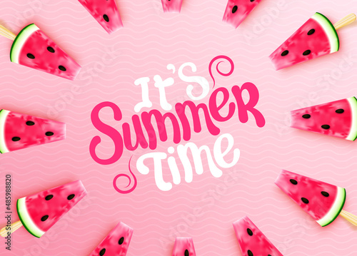 Summer fruit vector background design. It's summer time text with 3d realistic watermelon slice in stick element for tropical season fresh fruit decoration. Vector illustration.
