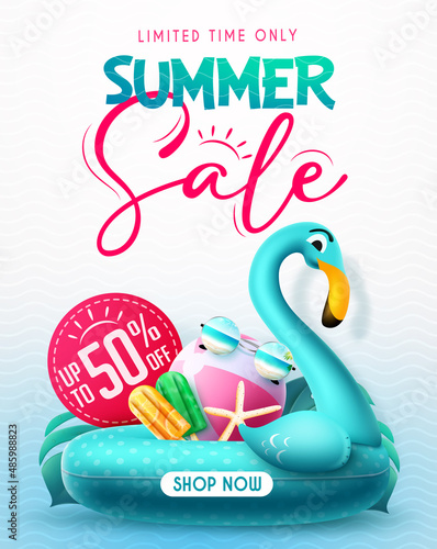 Summer sale vector poster design. Summer sale text limited time offer up to 50% off discount with flamingo floater and tropical elements for seasonal shopping promotion ads. Vector illustration.
