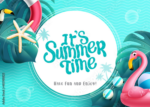 Summer time vector template design. It's summer time text in circle space with flamingo floater, leaves and sea background pattern for tropical season messages decoration. Vector illustration. 