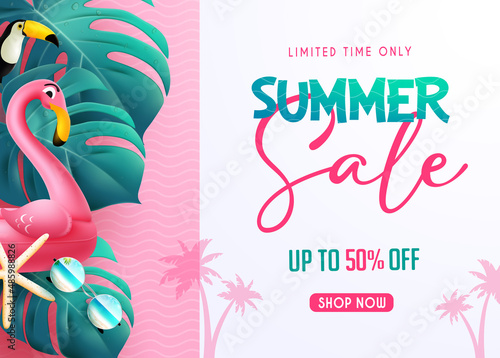 Summer sale vector banner design. Summer sale text up to 50% off discount promo in white template with flamingo and leaves element for seasonal shopping ads. Vector illustration.

