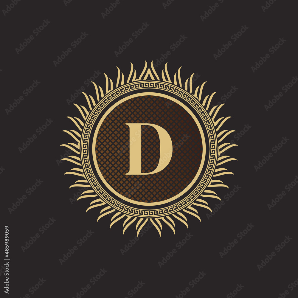 Fototapeta premium Emblem Letter D Gold Monogram Design. Luxury Volumetric Logo Template. 3D Line Ornament for Business Sign, Badge, Crest, Label, Boutique Brand, Hotel, Restaurant, Heraldic. Vector Illustration