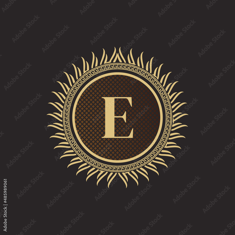 Naklejka premium Emblem Letter E Gold Monogram Design. Luxury Volumetric Logo Template. 3D Line Ornament for Business Sign, Badge, Crest, Label, Boutique Brand, Hotel, Restaurant, Heraldic. Vector Illustration