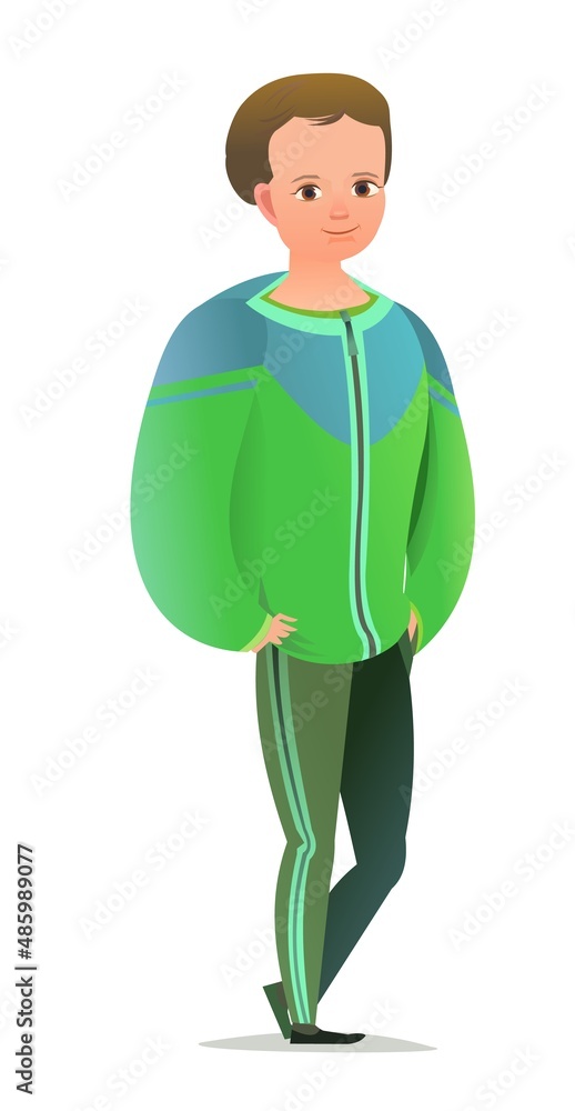 Little boy in tracksuit. Guy got ready for sports activities. Cheerful person. Standing pose. Cartoon comic style flat design. Single character. Illustration isolated on white background. Vector