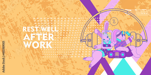 Motivating poster for a good rest, relaxation, and showing off your talents after work. Carefree and party in abstract and retro style. The personification of rabbits in human life