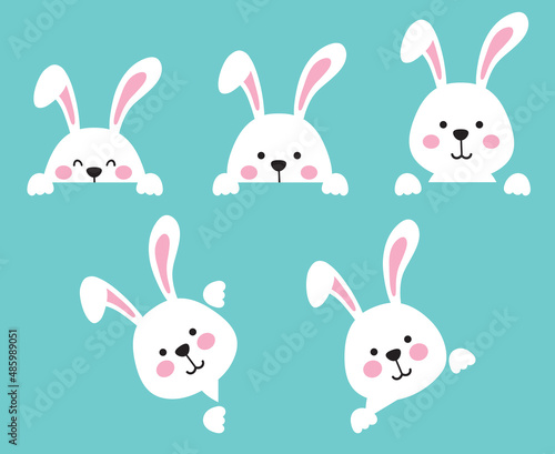 Cute white Easter bunny rabbit peeking out. Peekaboo Easter bunny frame vector illustration.