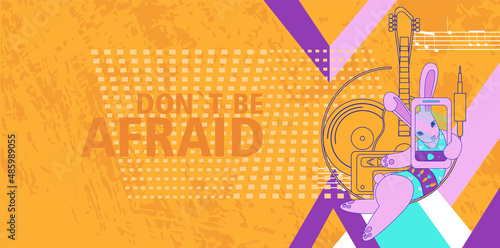 Motivating poster for a good rest, relaxation, and showing off your talents after work. Carefree and party in abstract and retro style. The personification of rabbits in human life