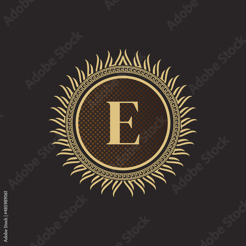 Emblem Letter E Gold Monogram Design. Luxury Volumetric Logo Template. 3D Line Ornament for Business Sign, Badge, Crest, Label, Boutique Brand, Hotel, Restaurant, Heraldic. Vector Illustration