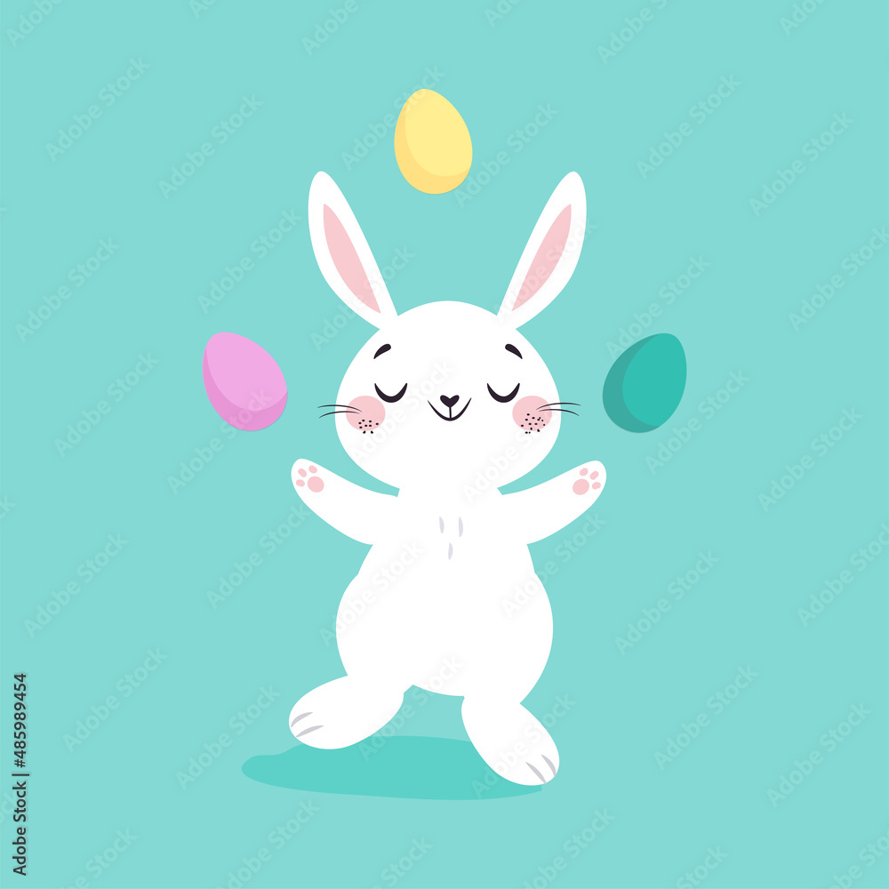 Fototapeta premium White Easter Bunny Juggling with Colorful Eggs on Blue Background Vector Illustration
