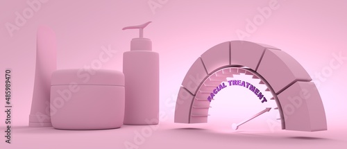 Abstract meter read level of skin facial treatment result. Set of containers for cosmetology products. 3D render