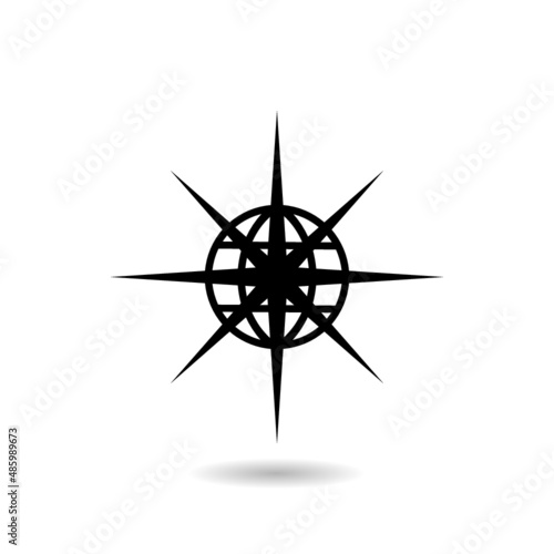 Compass on world map icon with shadow