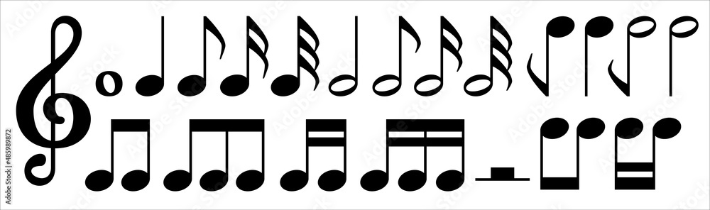 Music note icon set. Treble clef music notes key icons set. Musics sheet illustration contains symbol of bass clef, rhythm, crotchet, quaver, two beam and beams. Music note icon set. Treble clef music notes key icons set. Musics sheet illustration contains symbol of bass clef, rhythm, crotchet, quaver, two beam and beams.