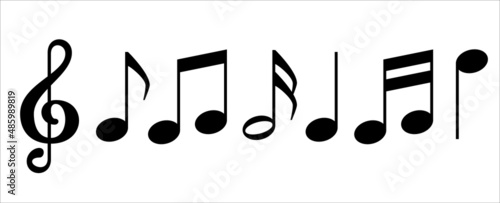 Music note icon set. Treble clef music notes key icons set. Musics sheet illustration contains symbol of bass clef, crotchet, quaver, and beam.