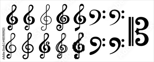 Music note icon set. Treble clef, bass clef, alto clef symbol illustration. Assorted different style treble and bass sign.