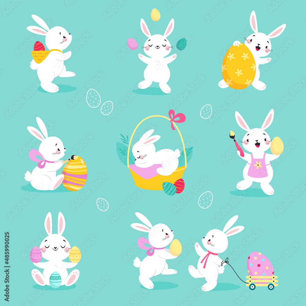 White Easter Bunny with Decorated Egg on Blue Background Vector Set