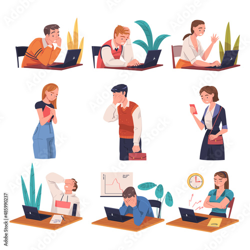 Busy People Character in Stress Feeling Tired and Exhausted Vector Set