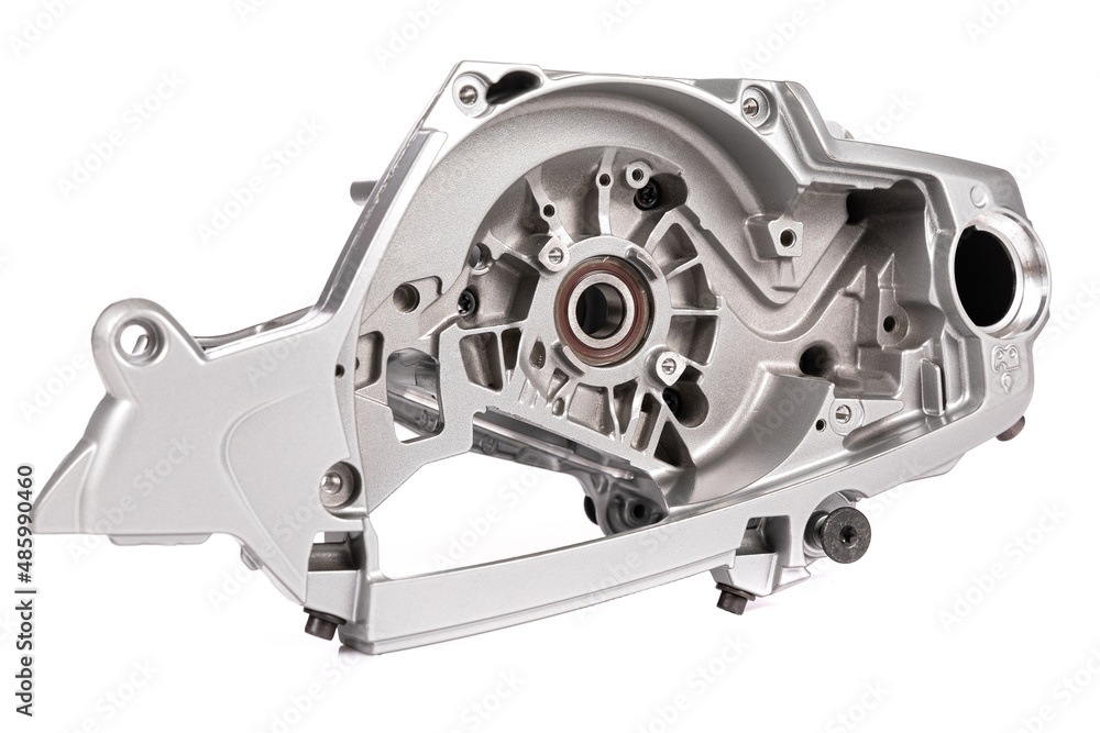 new modern crankcase for chainsaw on white isolated background