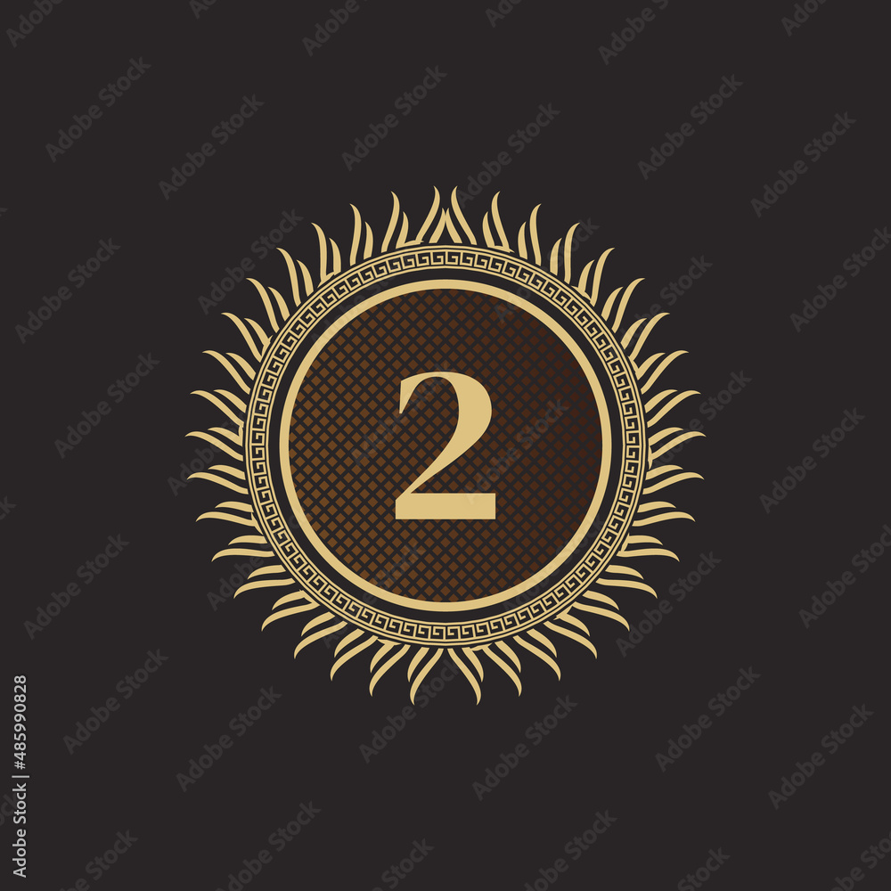 Fototapeta premium Emblem Number 2 Gold Monogram Design. Luxury Volumetric Logo Template. 3D Line Ornament for Business Sign, Badge, Crest, Label, Boutique Brand, Hotel, Restaurant, Heraldic. Vector Illustration