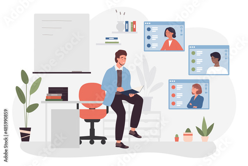 Online school lesson or lecture with children classmates and teacher vector illustration. Cartoon kids students listen man, using video call app for meeting. Education, e-learning, webinar concept