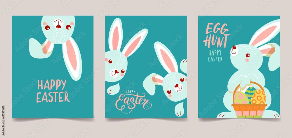 Happy easter. cute bunnies with a basket of eggs and a text logo on a blue background, can be used for a greeting card, you can add text. mockup template vector illustration.