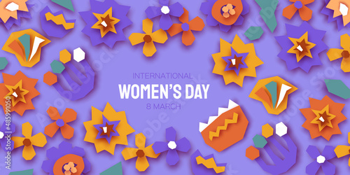Happy International Women's Day. Abstract Hand drawn paper cut floral shapes. Trendy Flower contemporary art. 8 March. Spring. Happy Mother's Day. Paper art work. Very peri color.