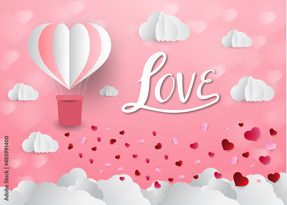 Love and Valentine day, Lovers stand and a paper art heart shape balloon floating in the sky. craft style. Love and Valentine day, Lovers stand and a paper art heart shape balloon floating in the sky. craft style.