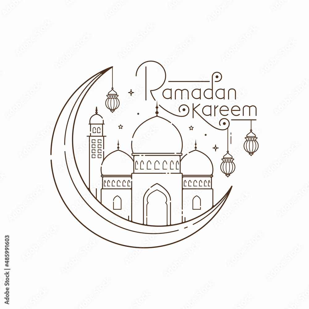 Ramadan kareem lettering typography greeting card with line art style 