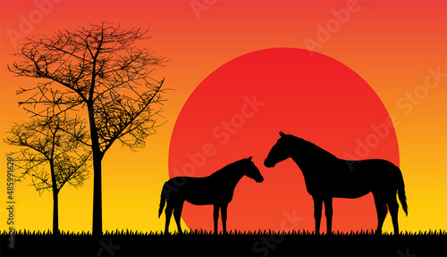 American Cowboy with horse Wild West Moon night landscape background
