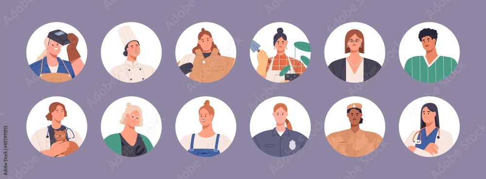 Woman professionals avatars set. Different female workers face portraits in circles. Women of diverse professions, occupations, businesses. Flat vector illustration isolated on white background